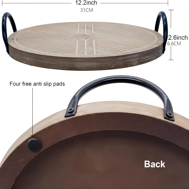 Rustic Light Brown Wooden Serving Tray with Metal Handles