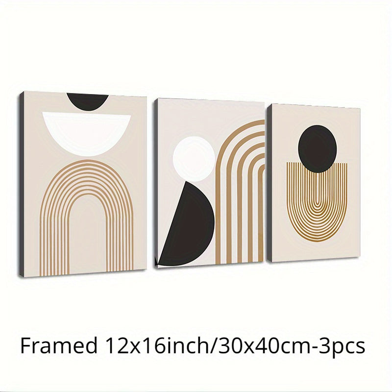 Brown, Black, and White Geometric Line Painting Framed Canvas (3pc Set)