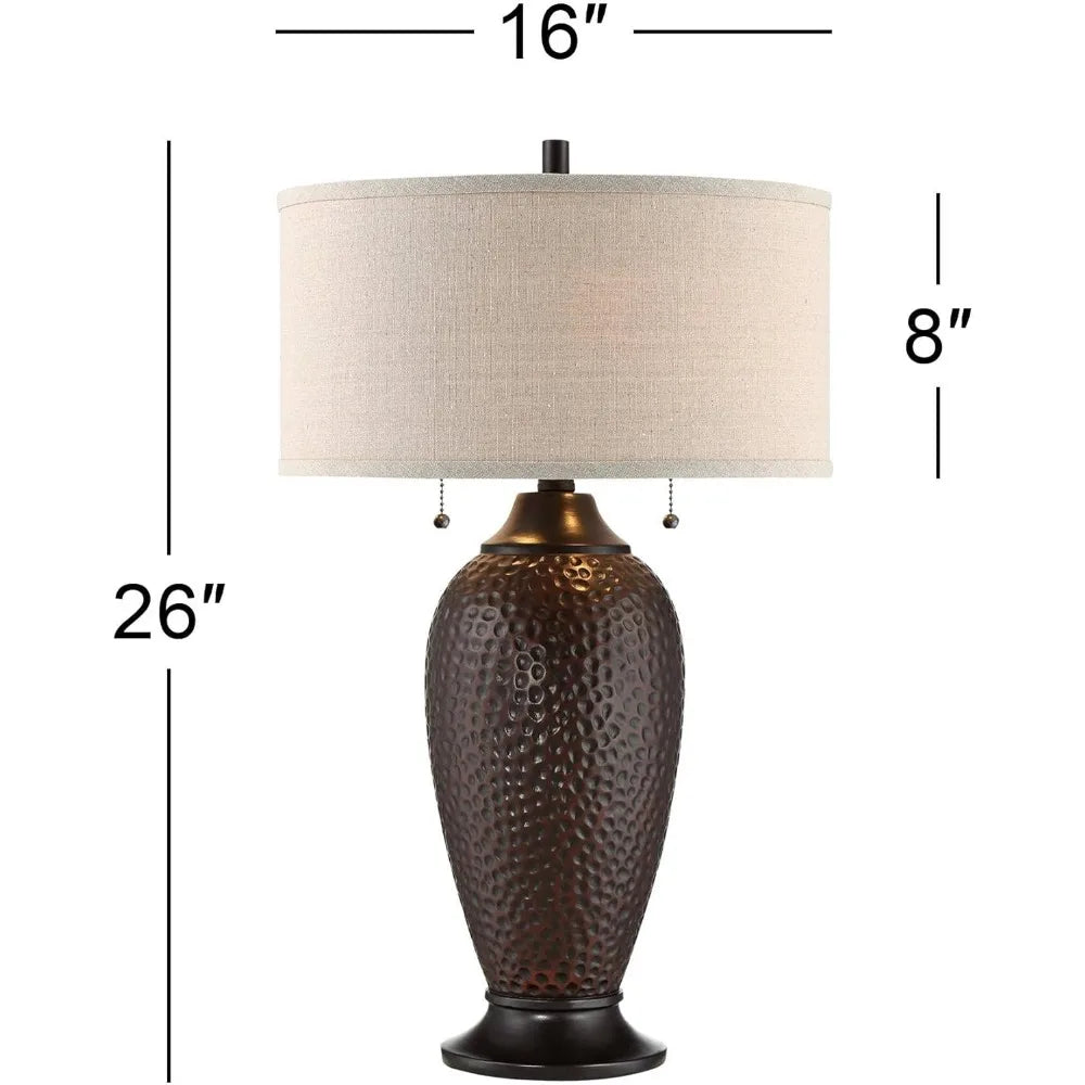 26" Hammered Oiled Bronze Lamps with Linen Drum Shade (Set of 2)