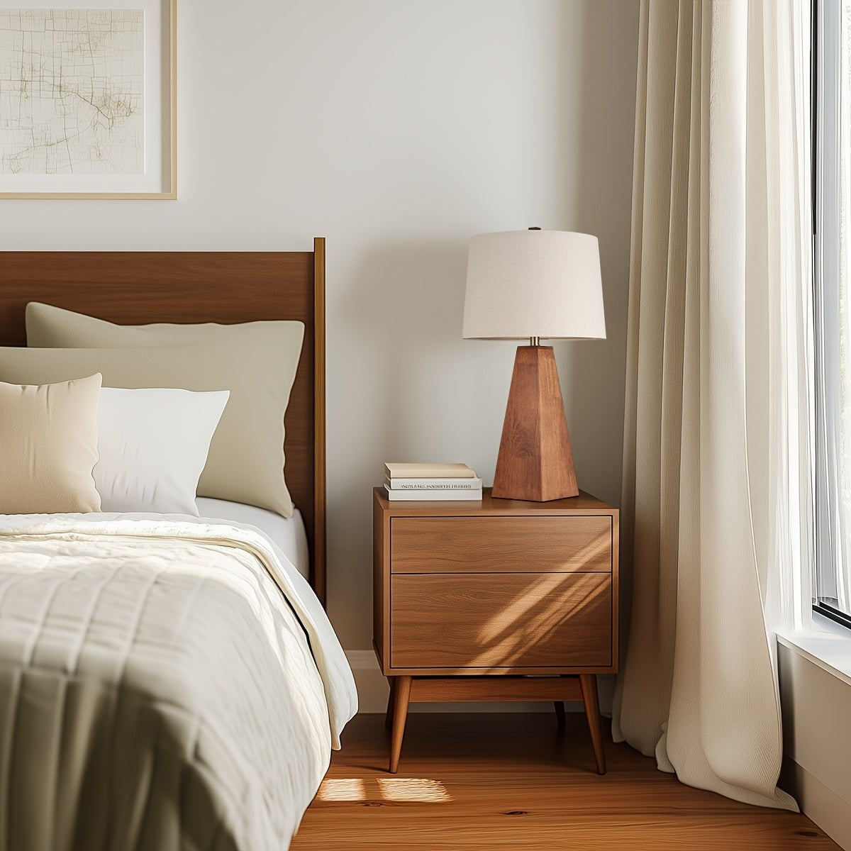 Modern Walnut Lamp With Beige Linen Shade (29'' or 21'')