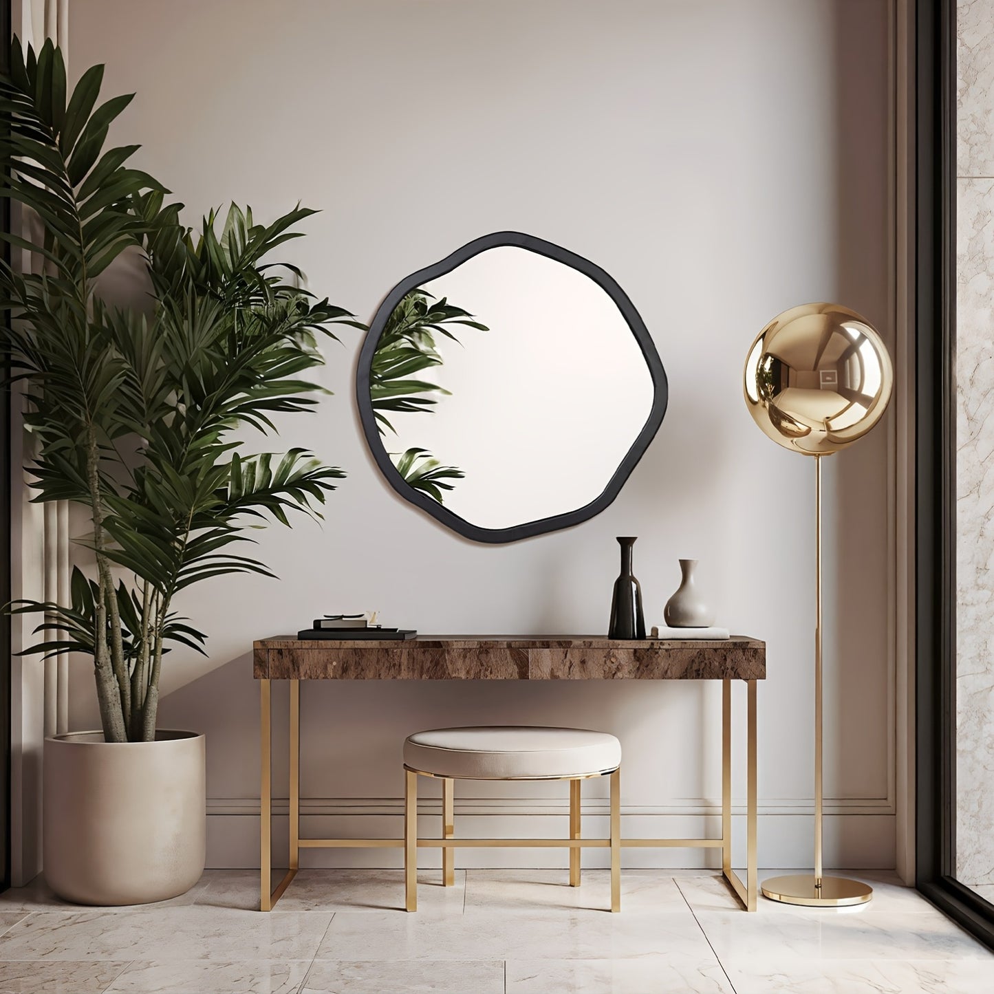 Round Asymmetrical Wood Framed Mirror (24")