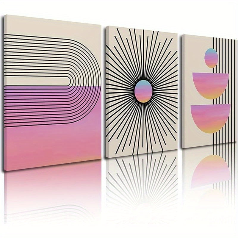 3pcs Geometric Black Beige Pink Framed Canvas