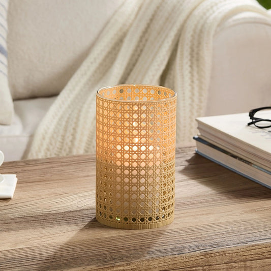 Glass Candle Holder with Brown Woven Surround (8")