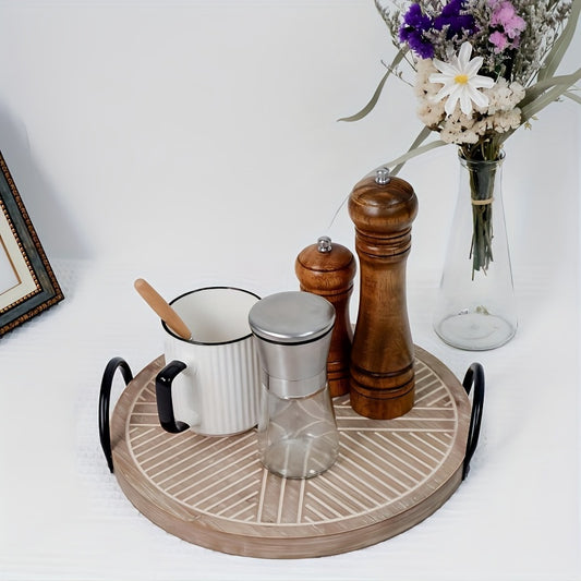 Rustic Light Brown Wooden Serving Tray with Metal Handles