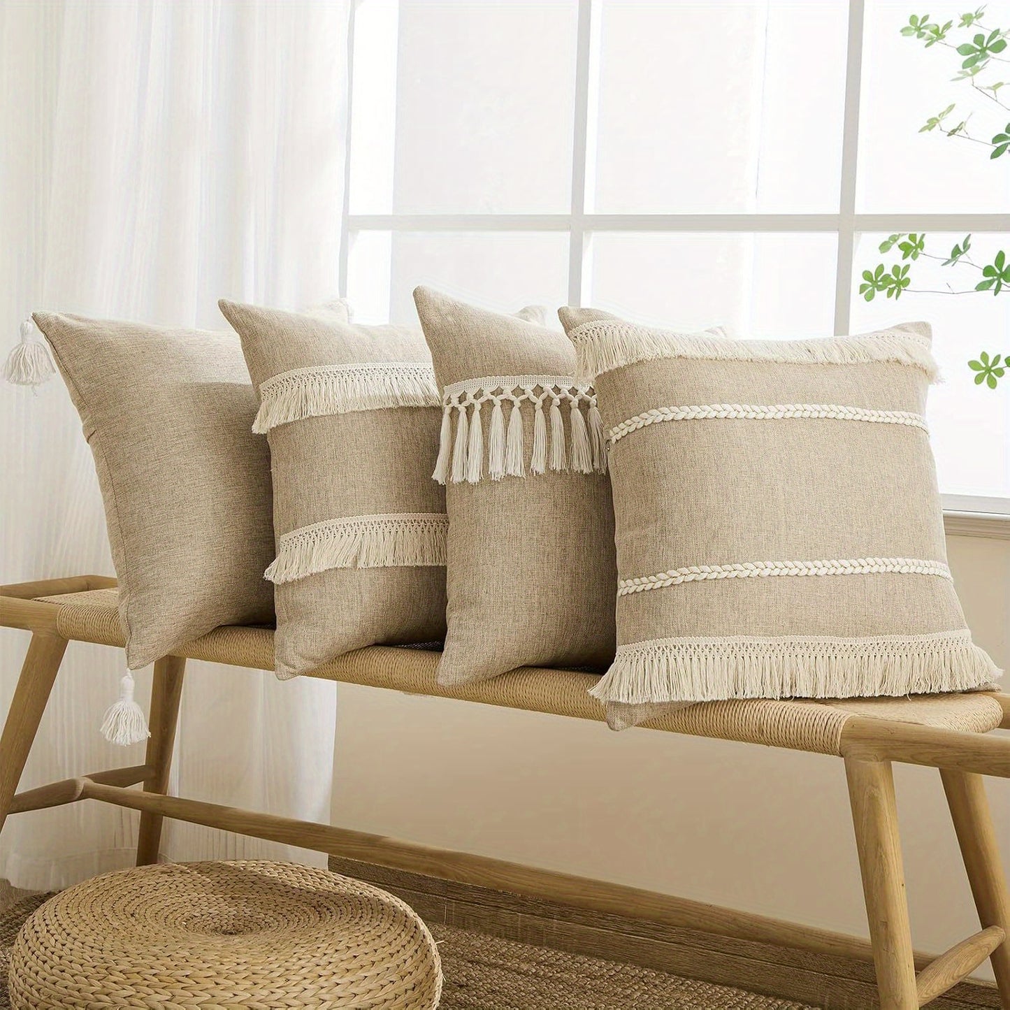 Beige Rustic Burlap Throw Pillow Covers (Set of 4)