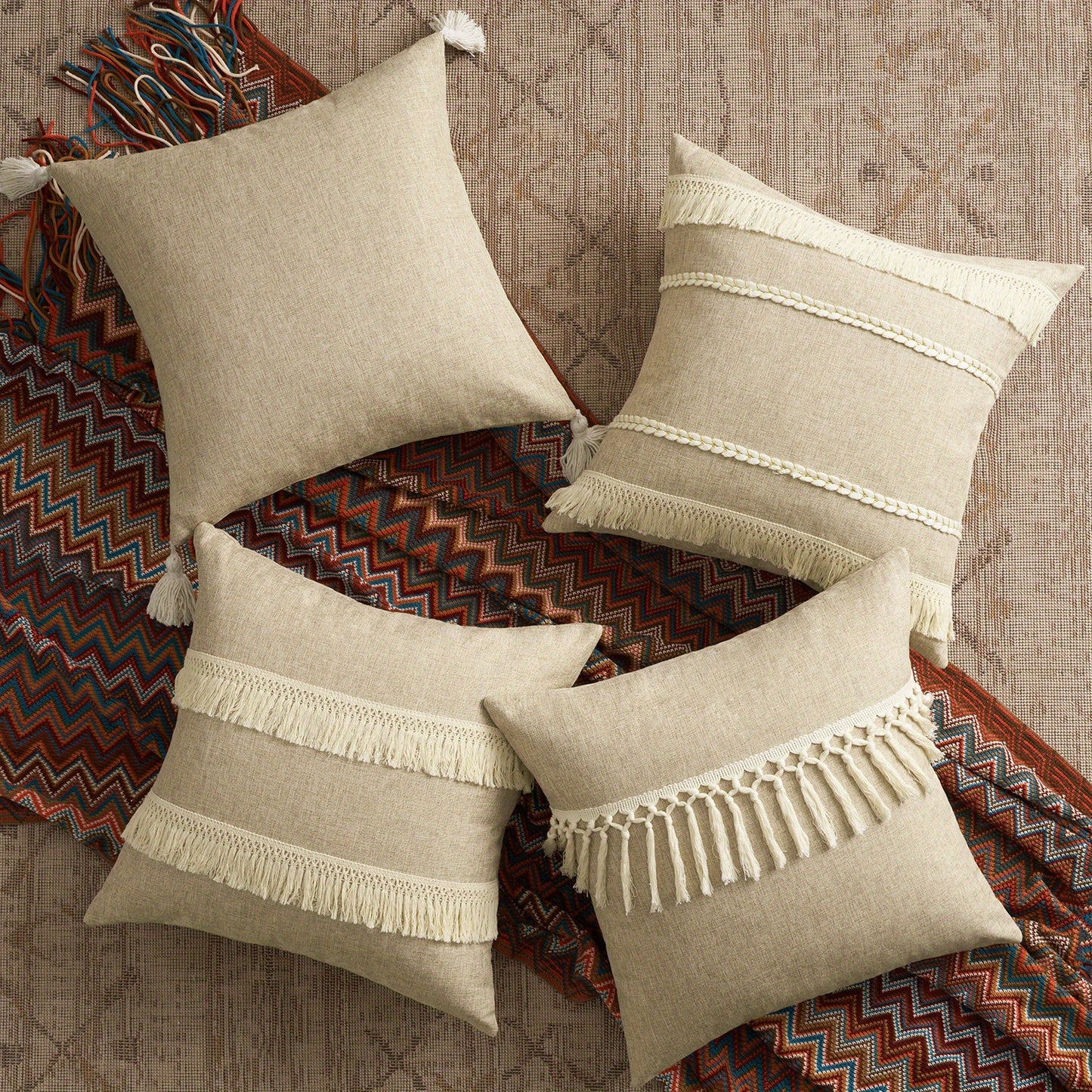 Beige Rustic Burlap Throw Pillow Covers (Set of 4)