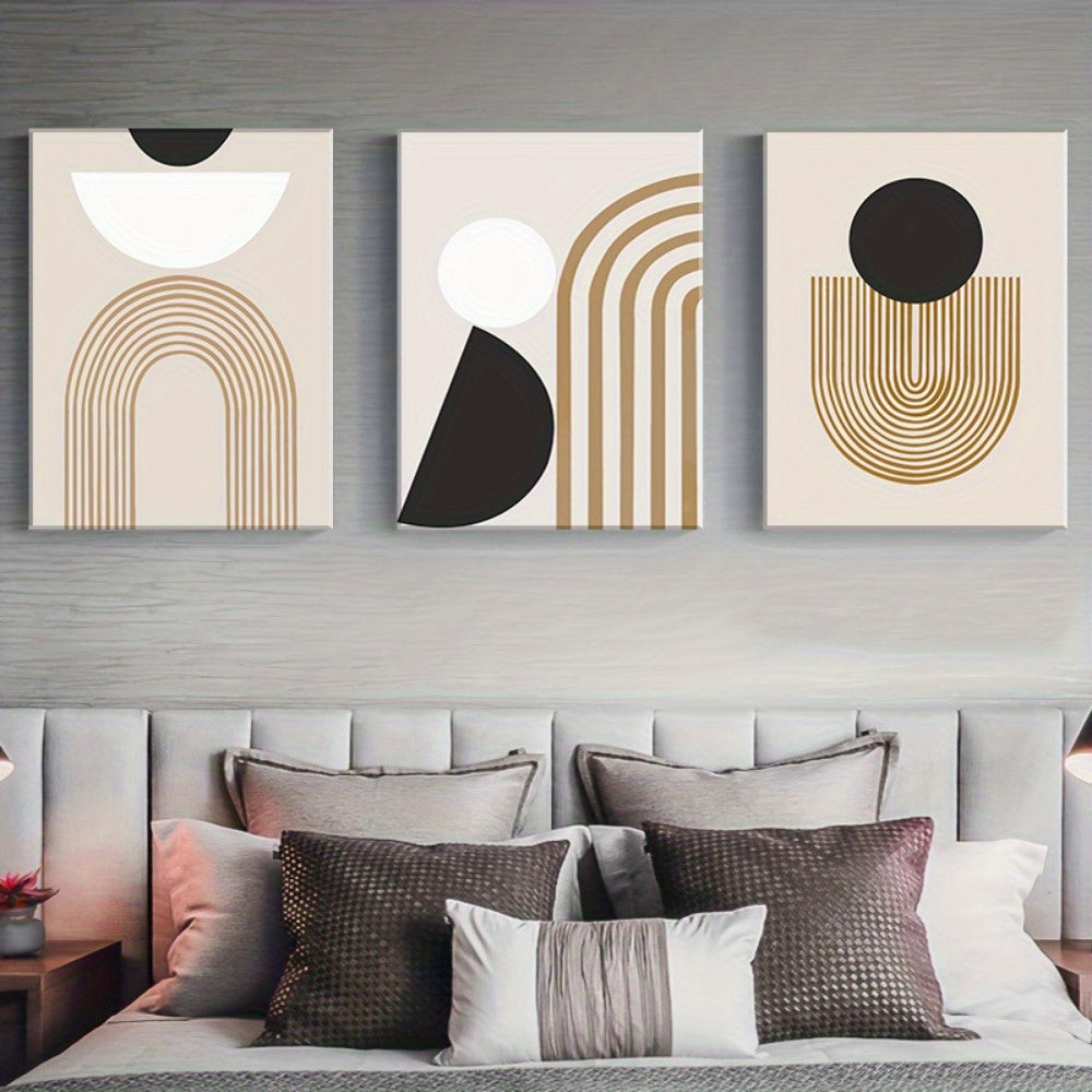 Brown, Black, and White Geometric Line Painting Framed Canvas (3pc Set)