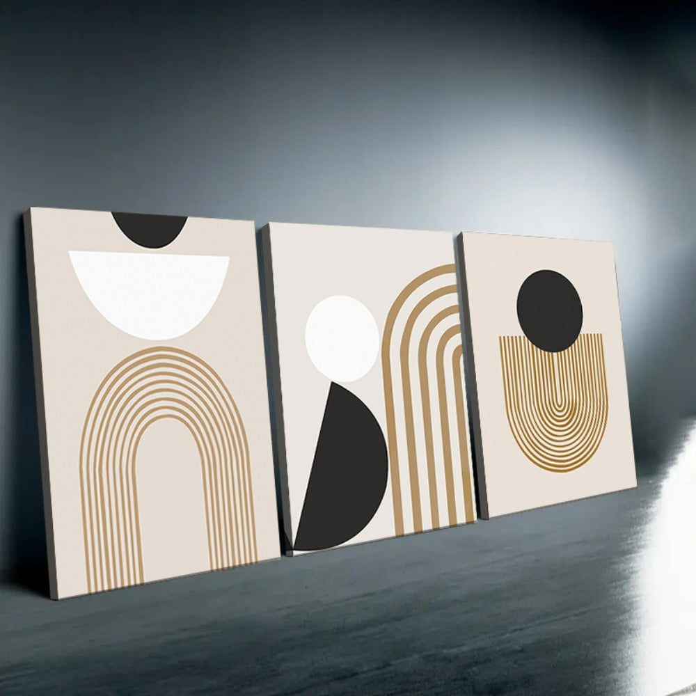 Brown, Black, and White Geometric Line Painting Framed Canvas (3pc Set)