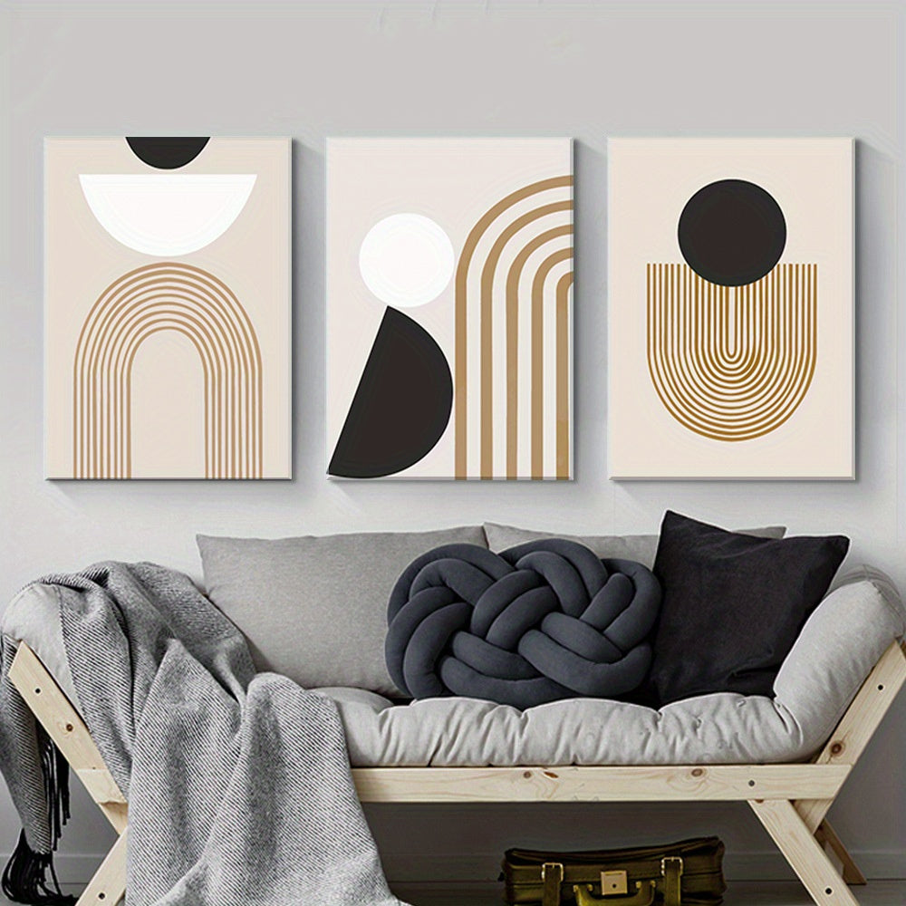 Brown, Black, and White Geometric Line Painting Framed Canvas (3pc Set)