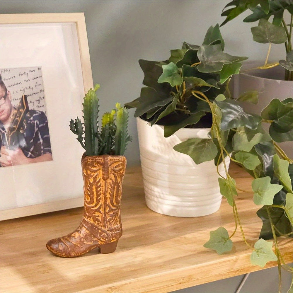 Artificial Succulent in Brown Ceramic Cowboy Boot (7.25")