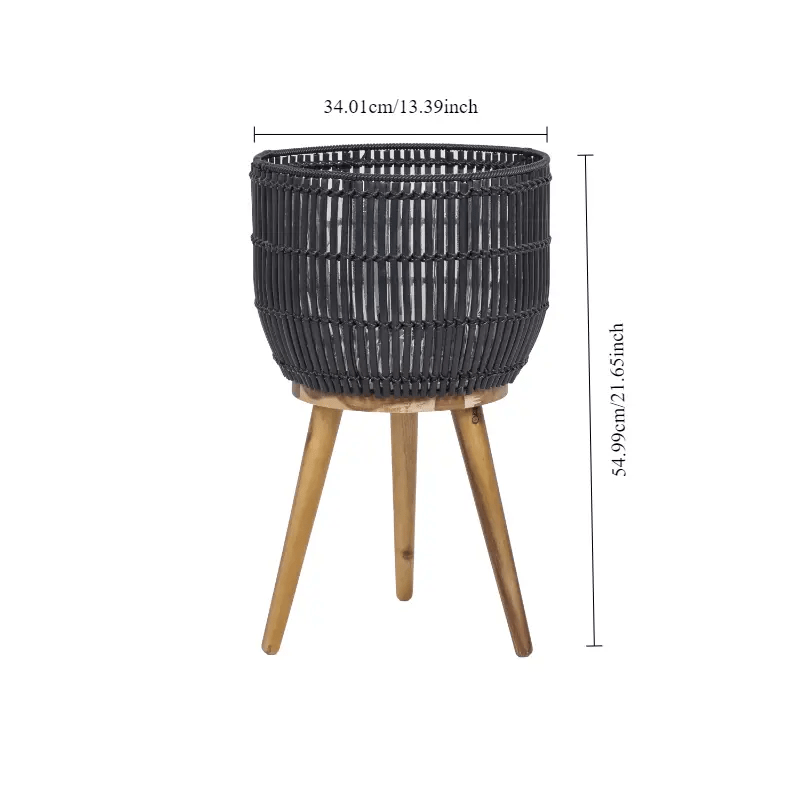 Large Black Round Resin Planter with Wooden Stand