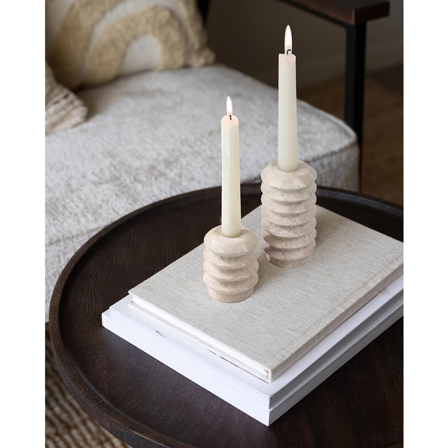 Cream White Travertine Candlestick Holders (Set of 2)