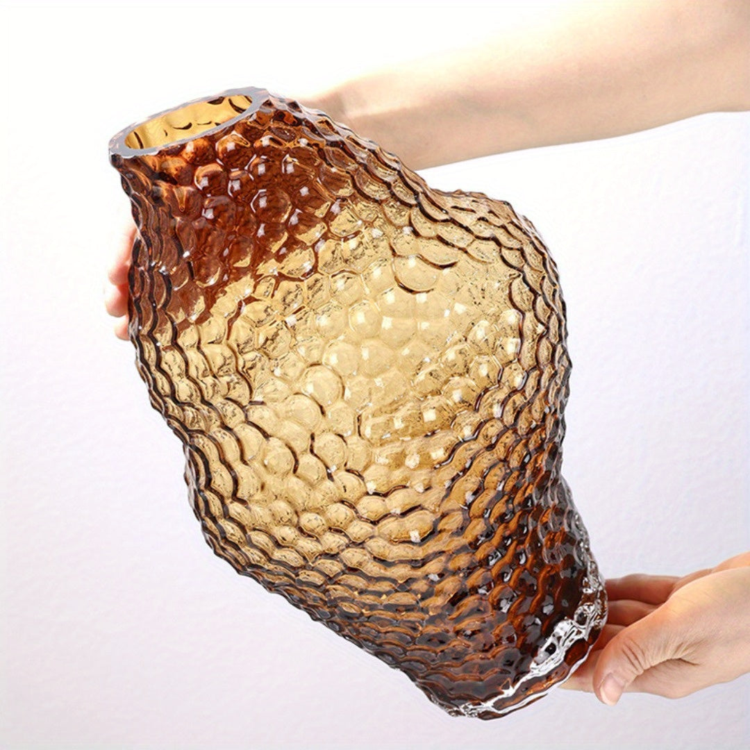 1pc Irregular Conch-Shaped Glass Vase with Textured Mesh Pattern