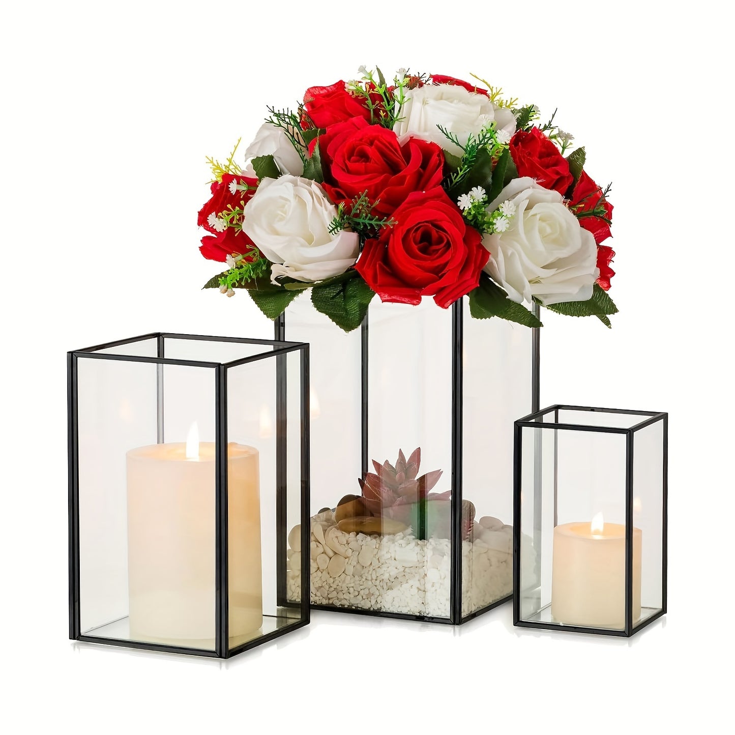 3pcs Metal Frame Square Glass Candle Holder