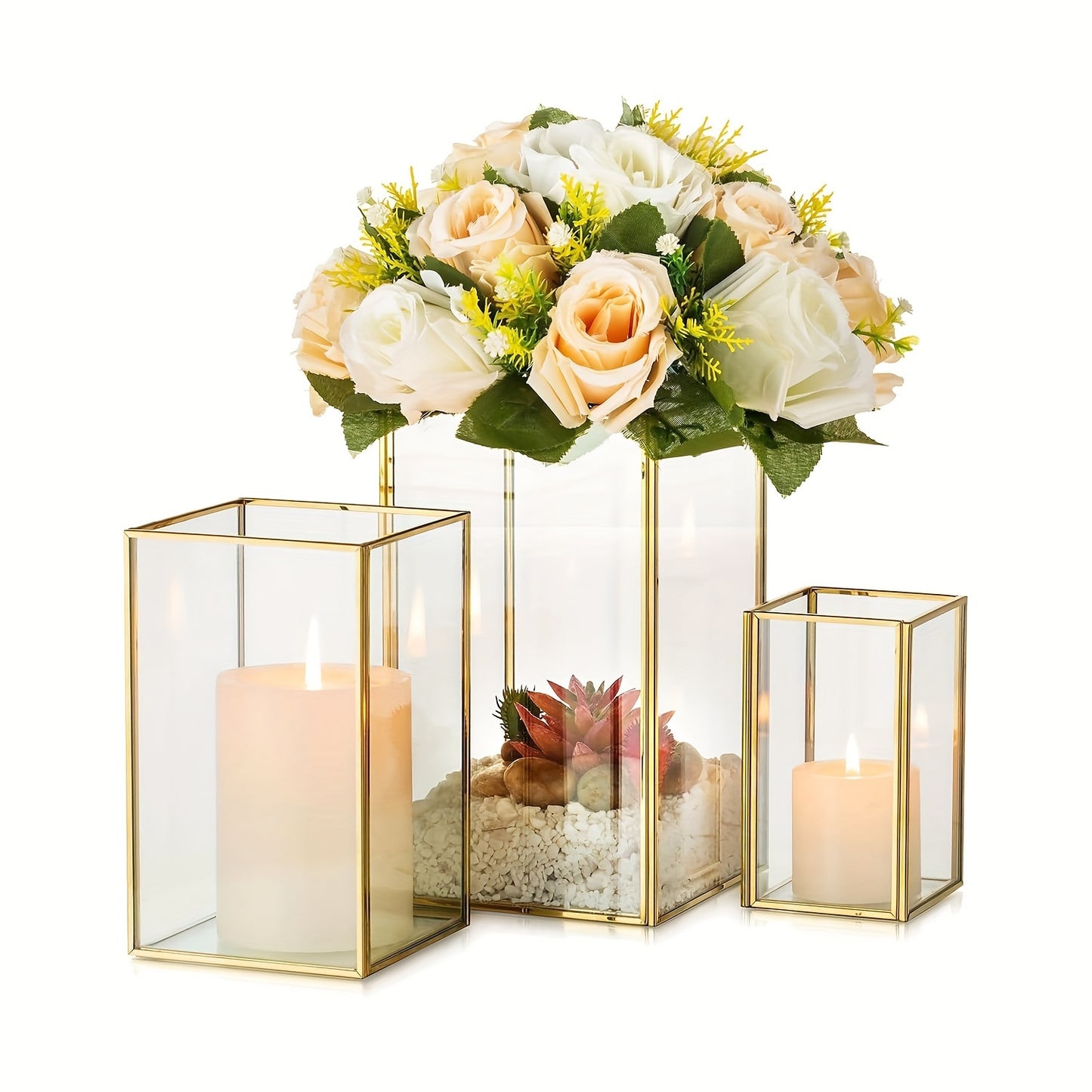 3pcs Metal Frame Square Glass Candle Holder