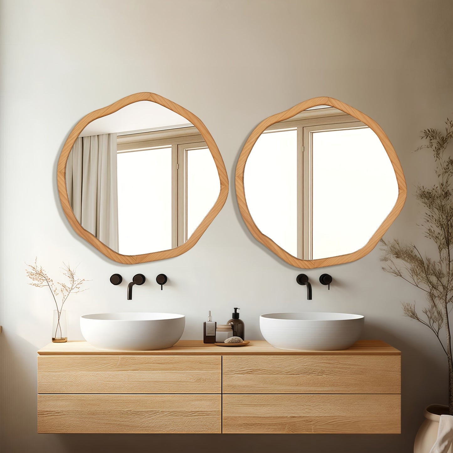 Round Asymmetrical Wood Framed Mirror (24")