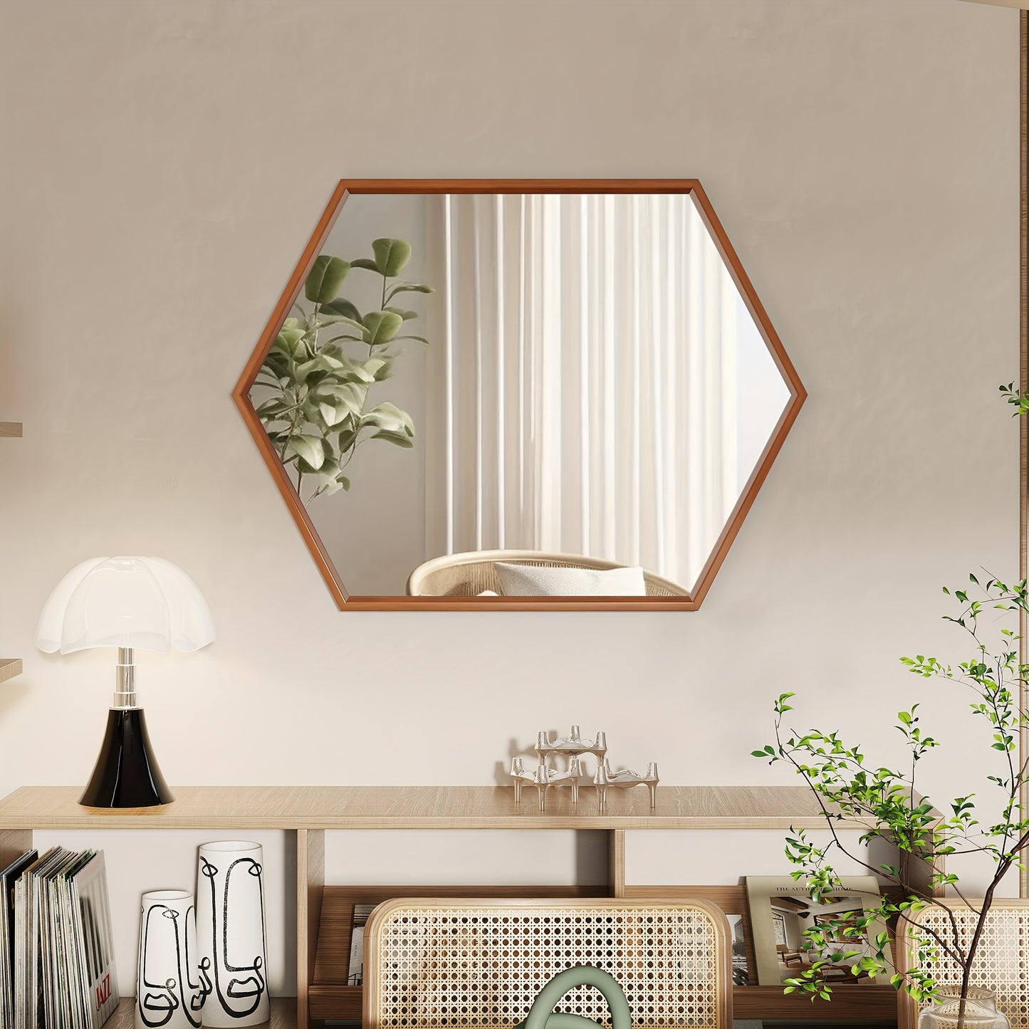 Hexagonal Solid Wood Wall Mirror