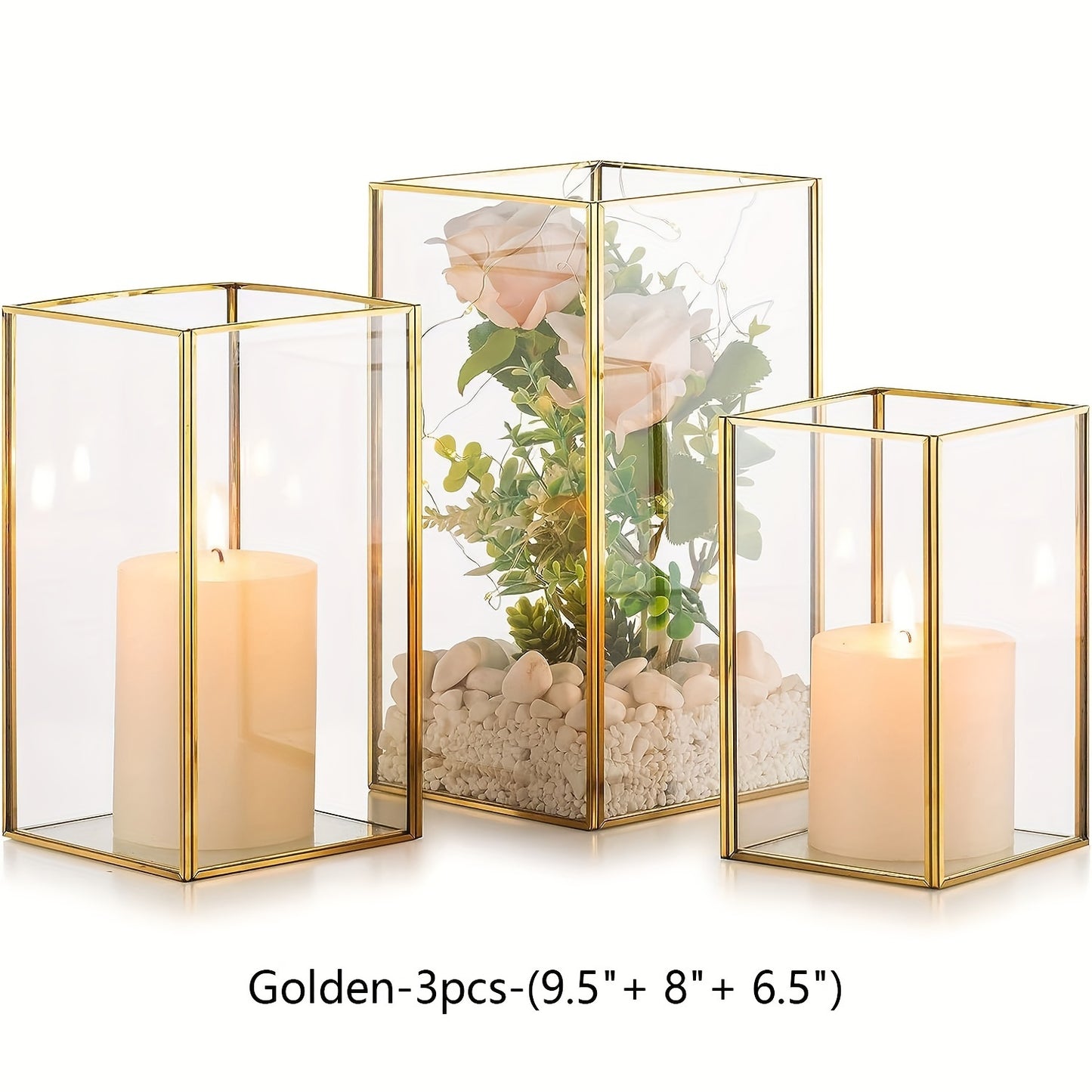 3pcs Metal Frame Square Glass Candle Holder