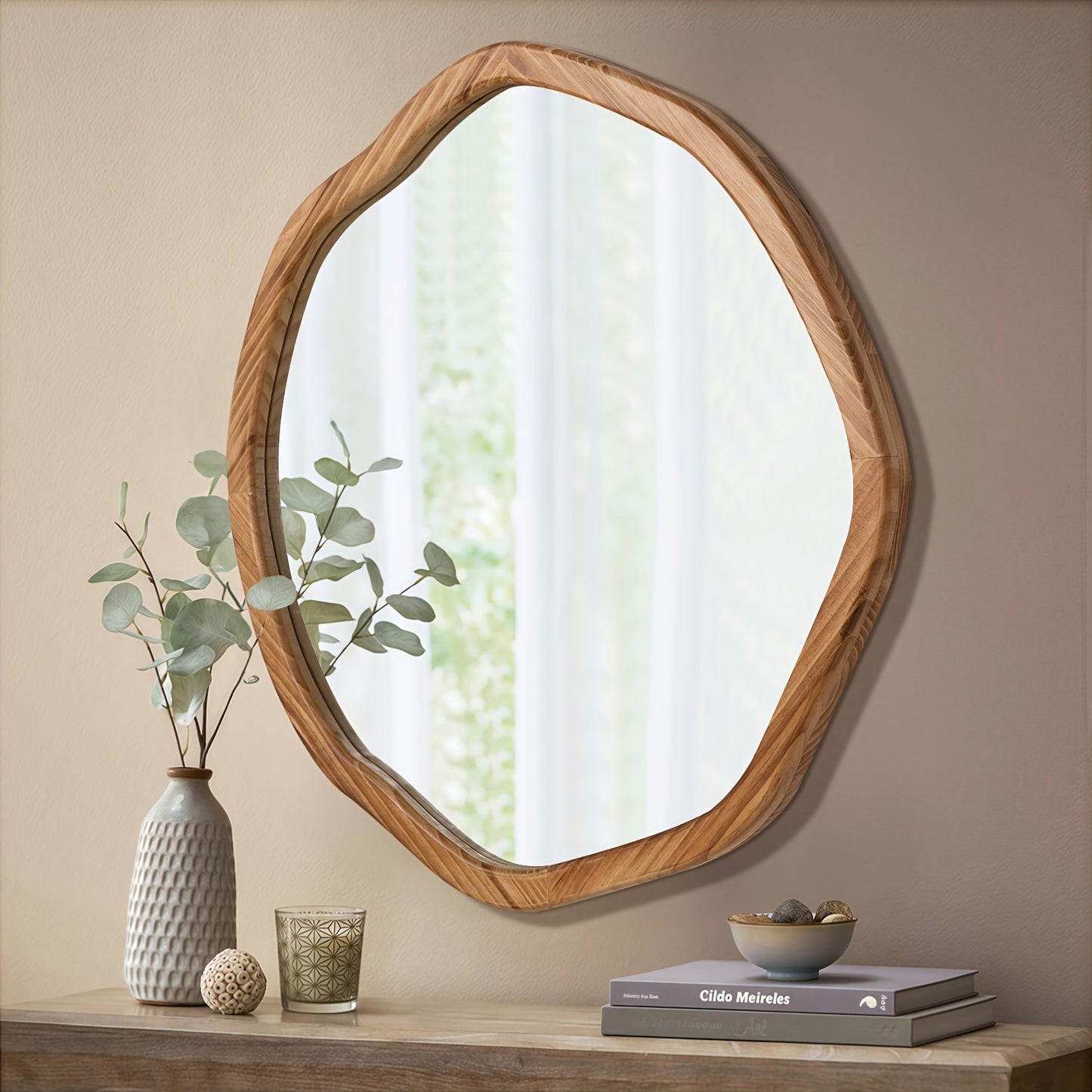 Round Asymmetrical Wood Framed Mirror (24")