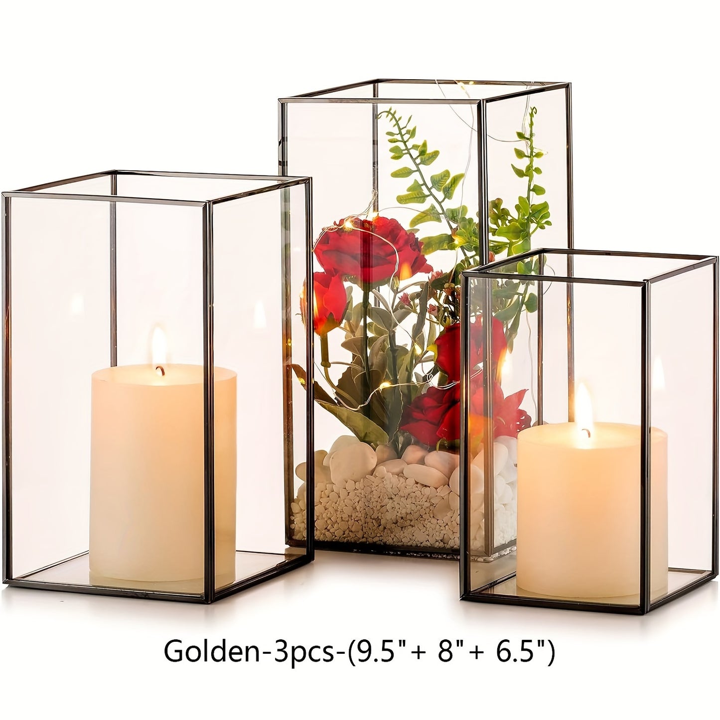 3pcs Metal Frame Square Glass Candle Holder