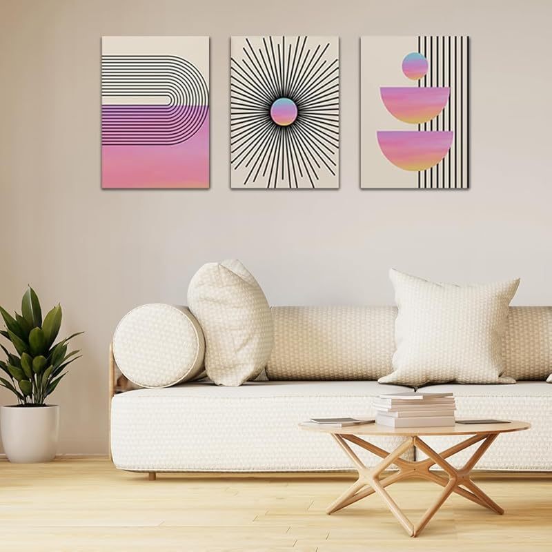 3pcs Geometric Black Beige Pink Framed Canvas