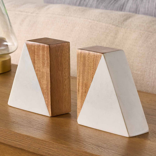 Modern Contemporary Wood and Marble Bookends, Set of 1