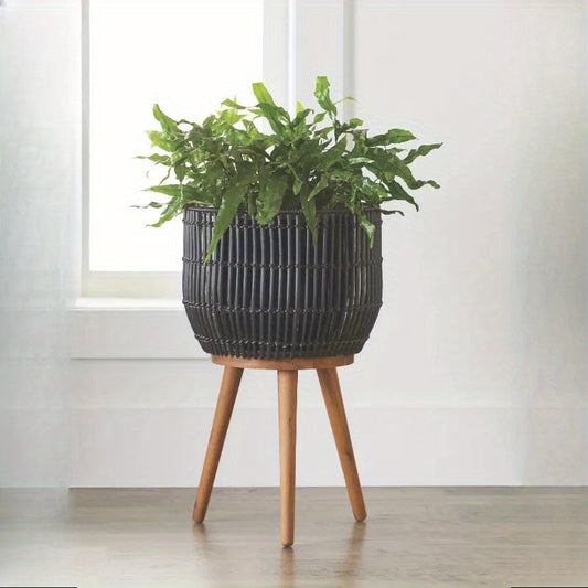 Large Black Round Resin Planter with Wooden Stand