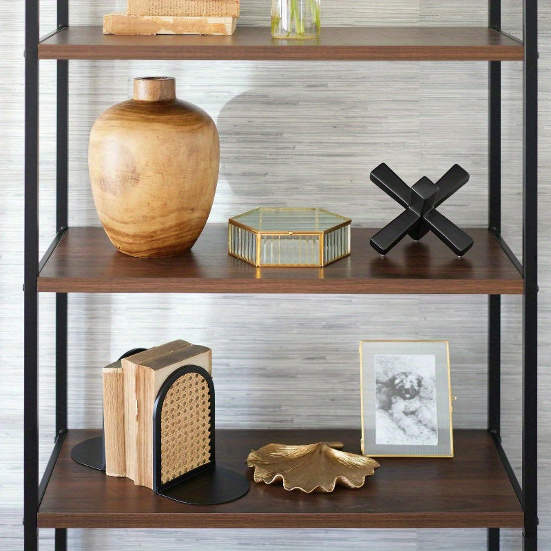 Arched Black Metal and Rattan Bookends