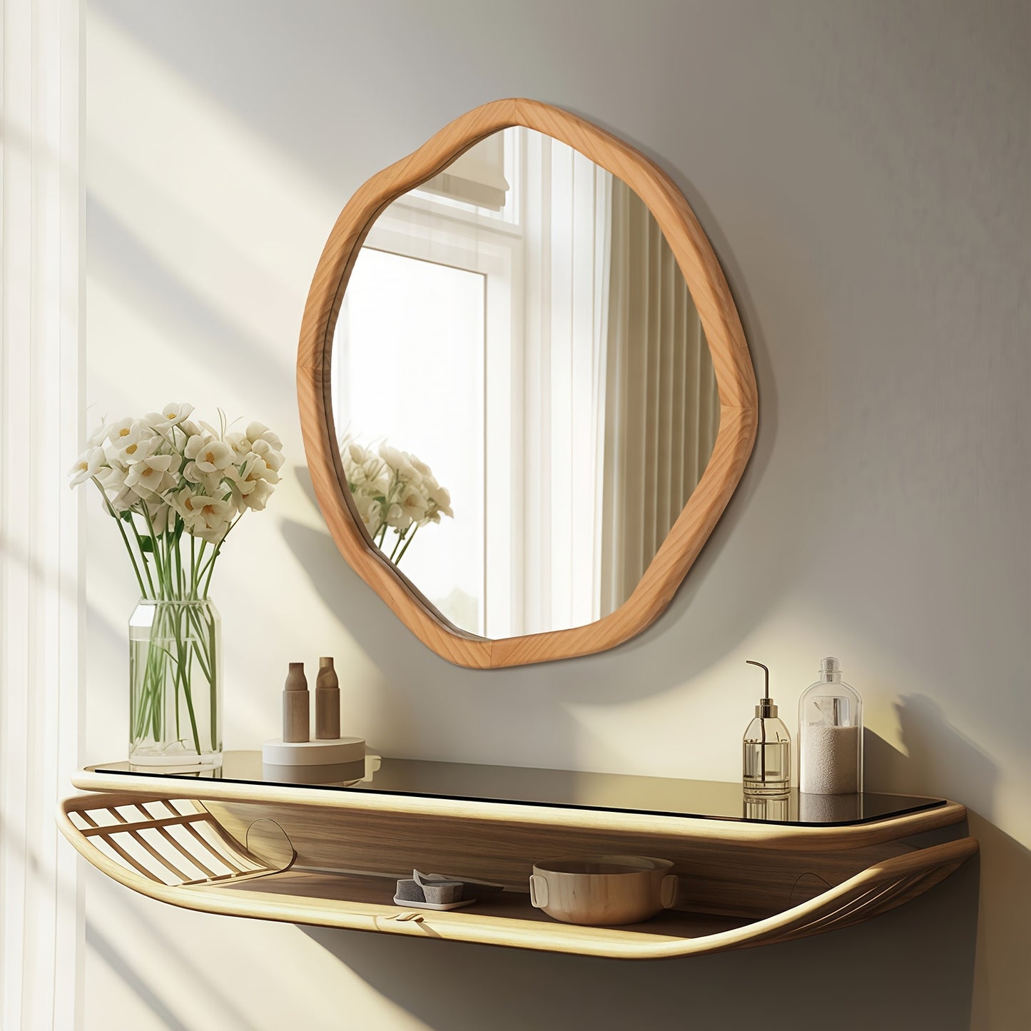 Round Asymmetrical Wood Framed Mirror (24")