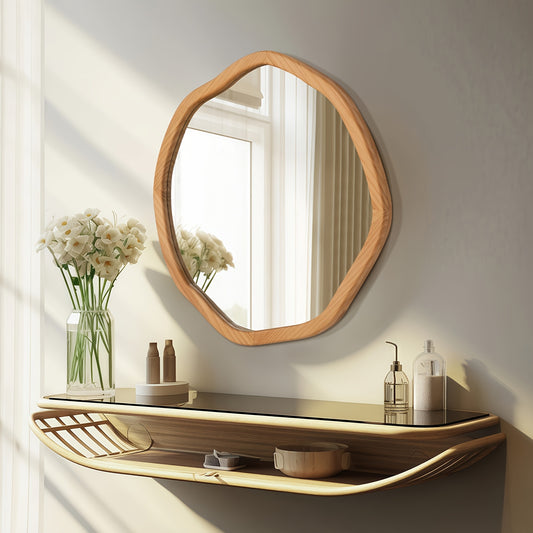 Round Asymmetrical Wood Framed Mirror (24")