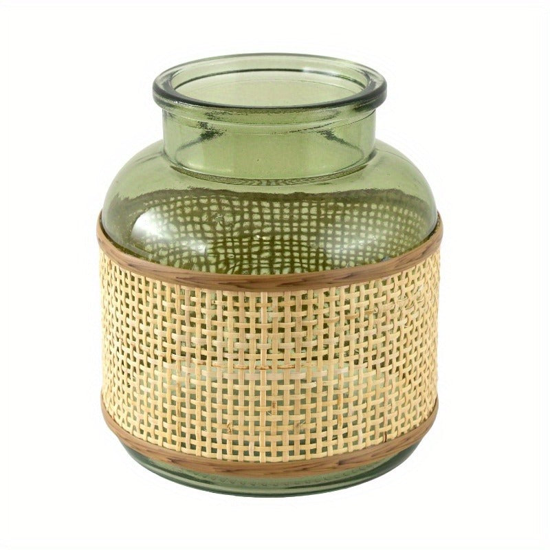 6" Green Translucent Glass Vase w/ Rattan Wrap