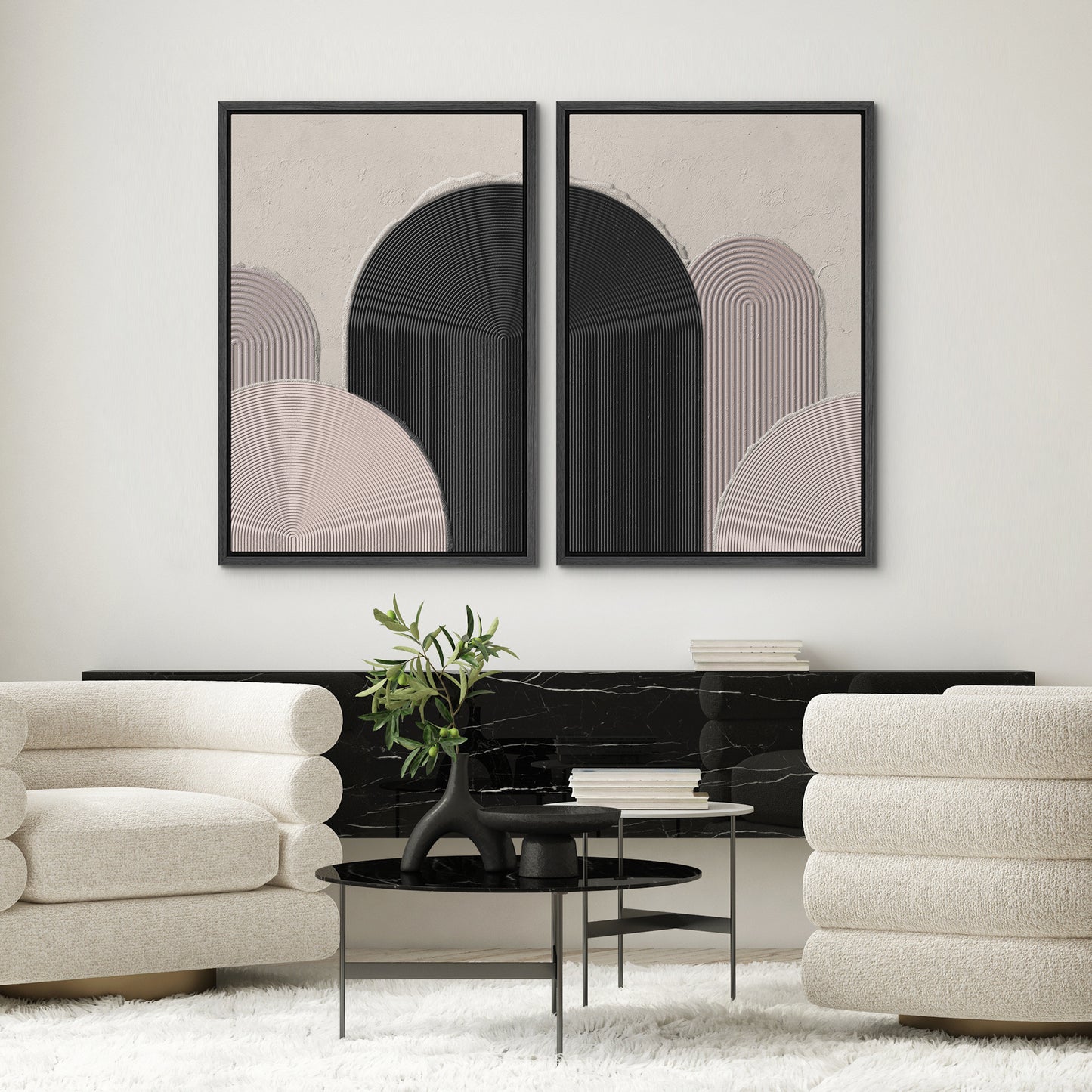 Dark Mid-Century Geometric Framed Canvas Wall Art Set (16" x 24")