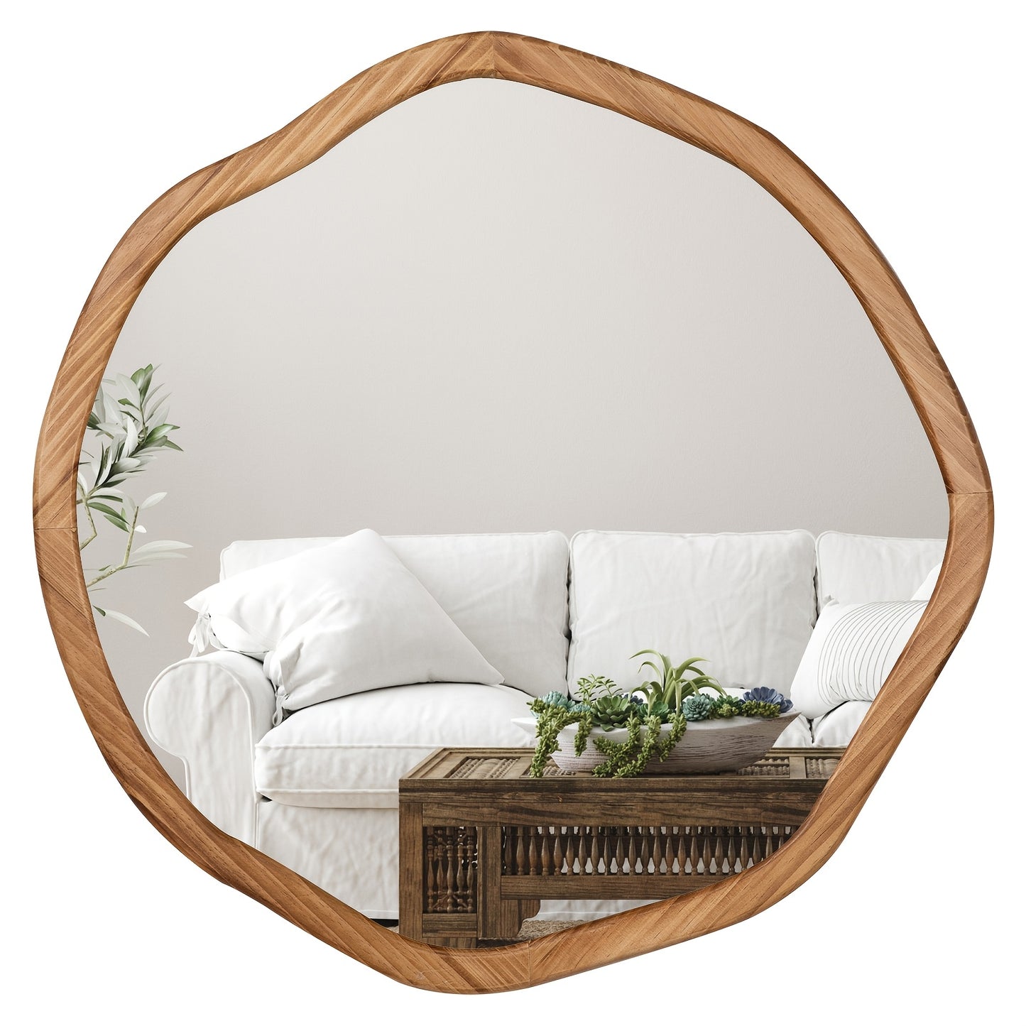 Round Asymmetrical Wood Framed Mirror (24")