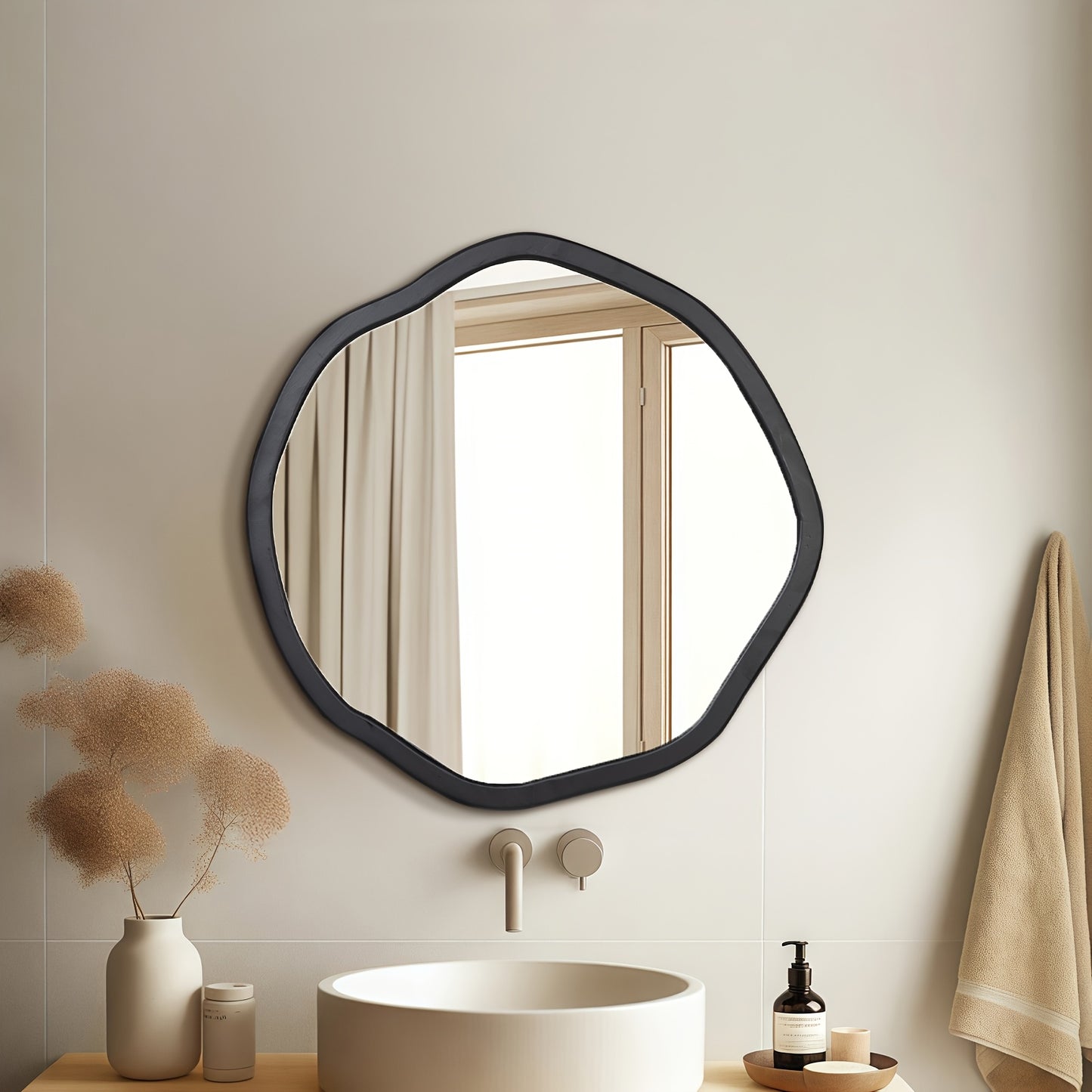 Round Asymmetrical Wood Framed Mirror (24")