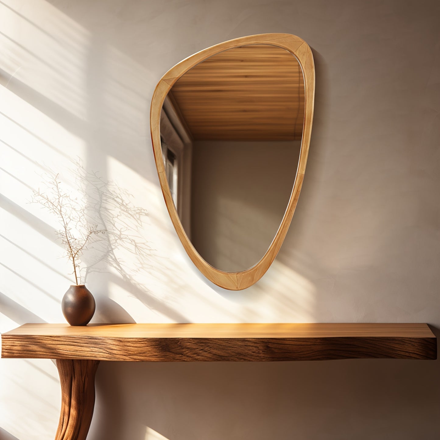 Asymmetrical Wooden Framed Wall Mirror