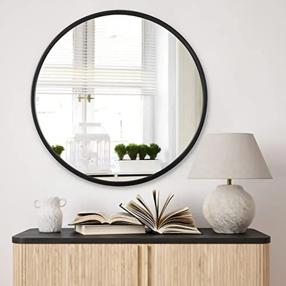 Large Round Black Metal Wall Mirror (24 Inch)