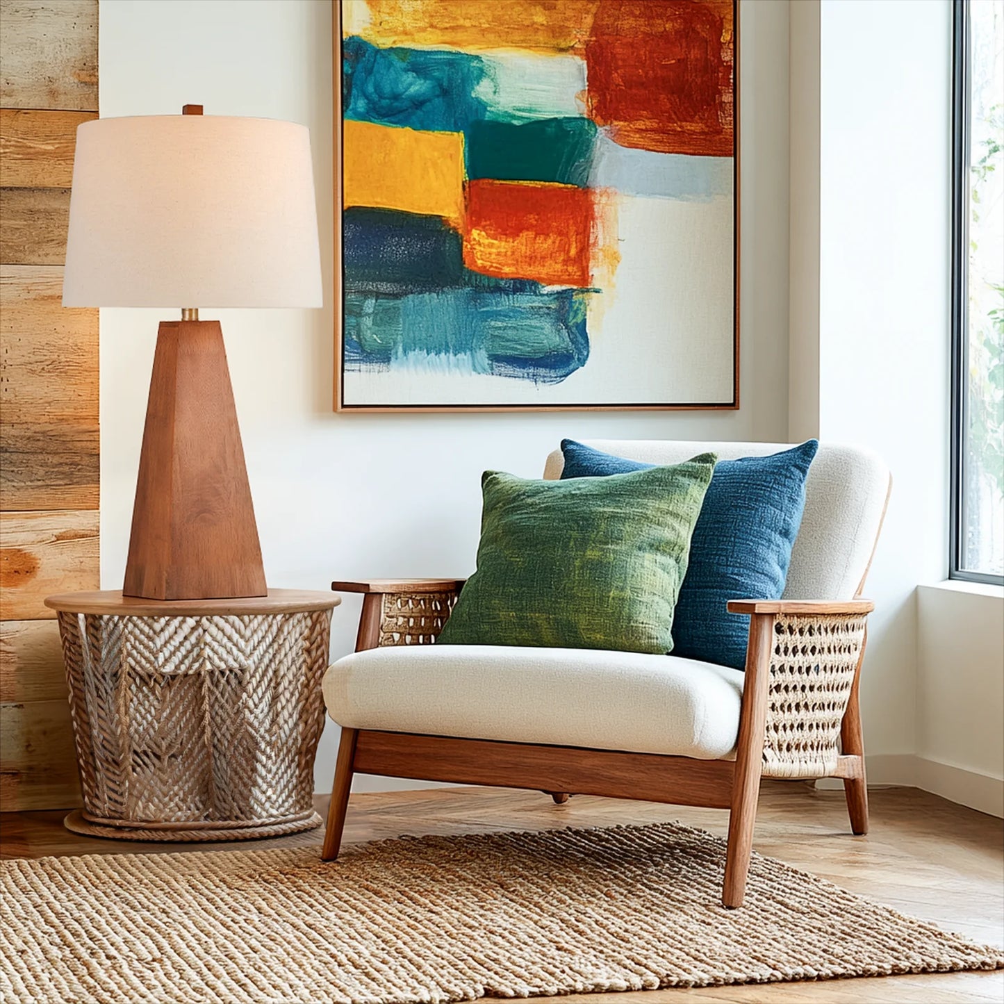 29'' Large Wood Table Lamp With Beige Linen Shade