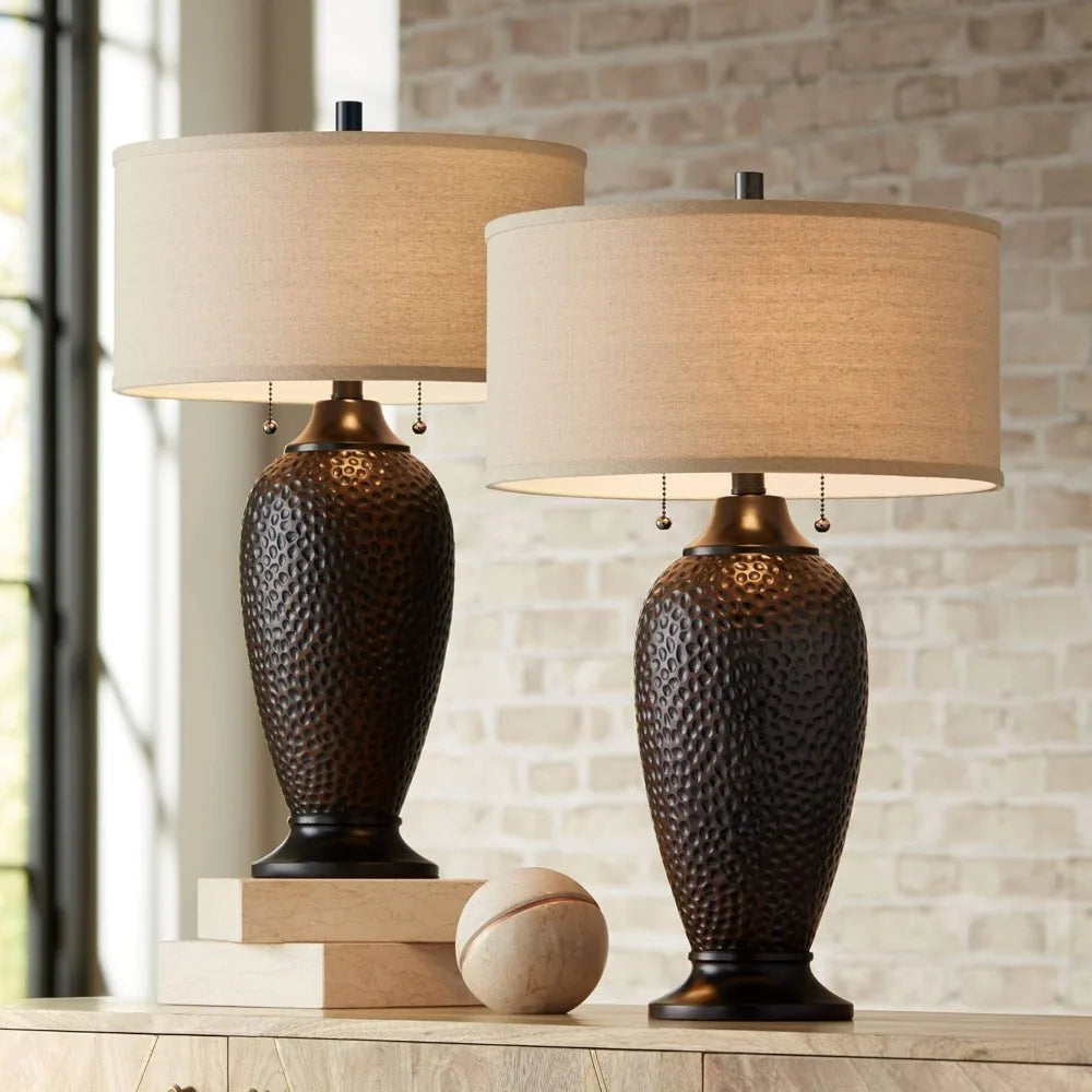 26" Hammered Oiled Bronze Lamps with Linen Drum Shade (Set of 2)