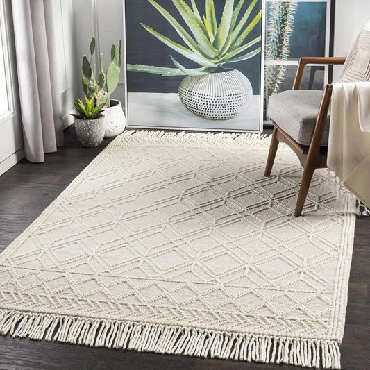 Cream Diamond Pattern Wool Area Rug (8' X 10')