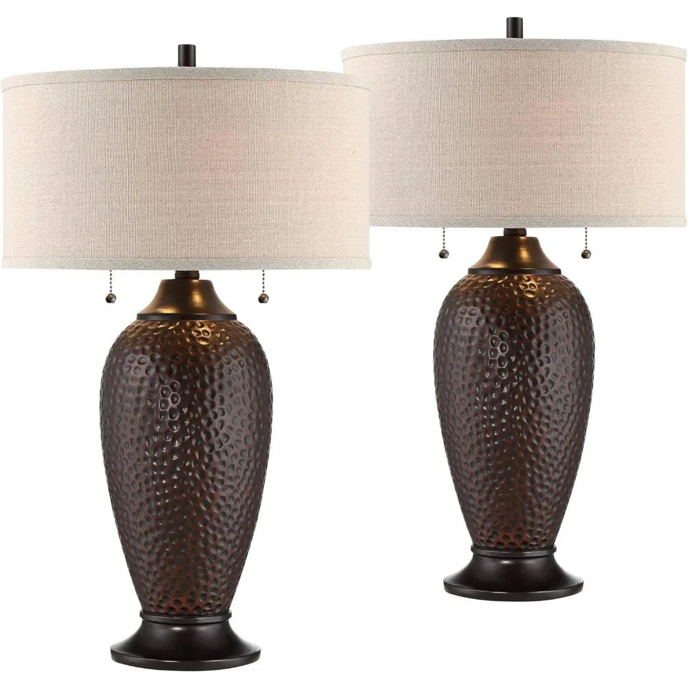 26" Hammered Oiled Bronze Lamps with Linen Drum Shade (Set of 2)