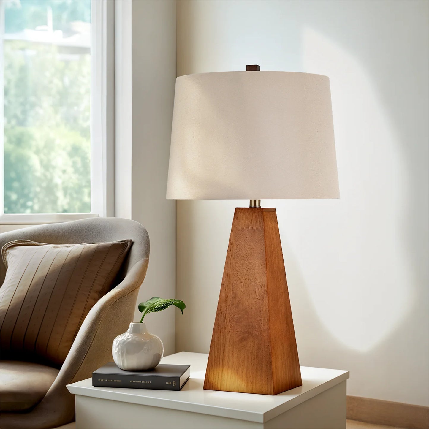 29'' Large Wood Table Lamp With Beige Linen Shade