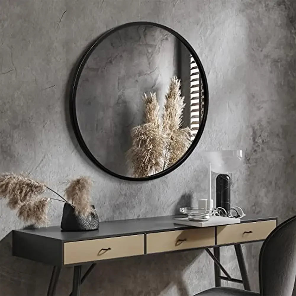 Large Round Black Metal Wall Mirror (24 Inch)