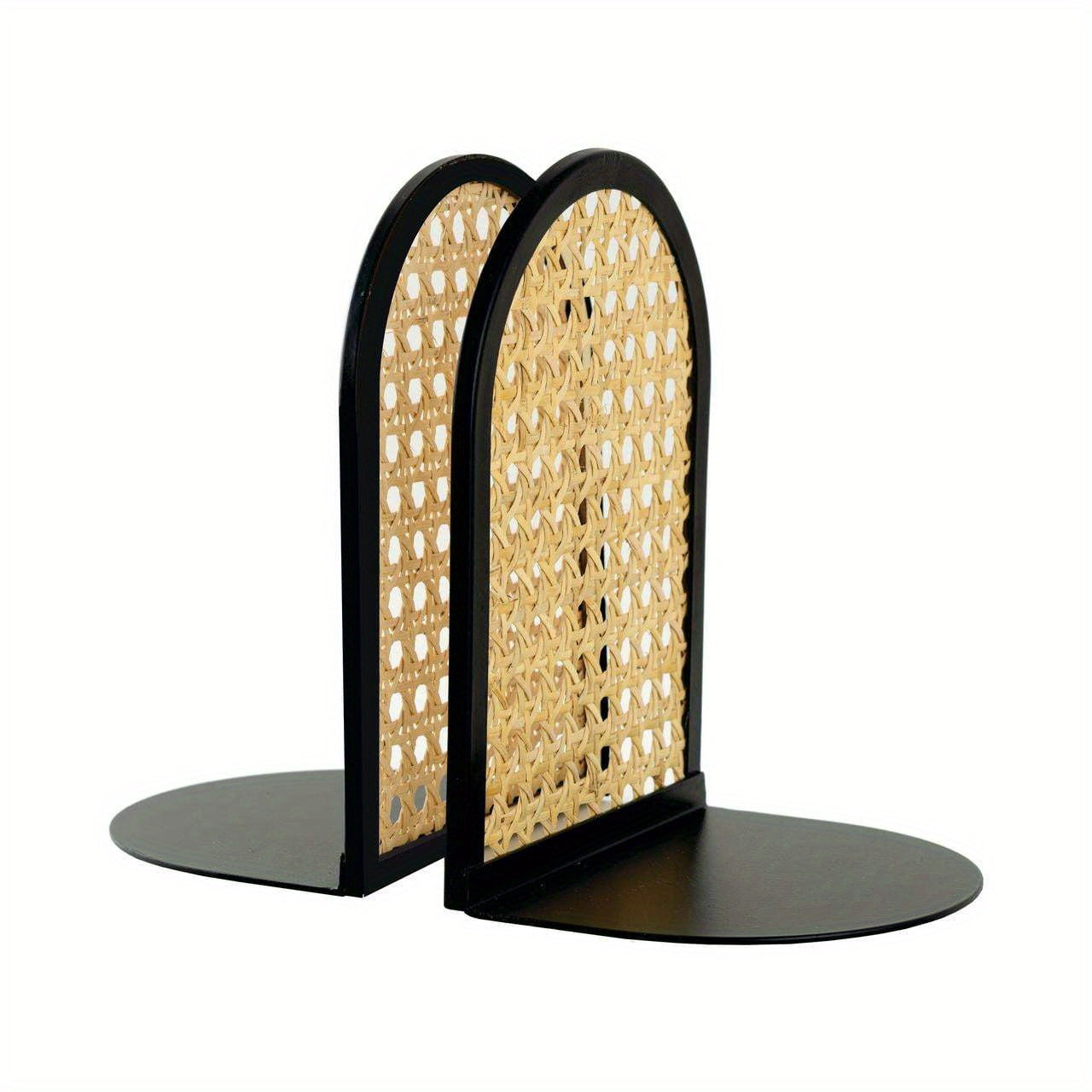 Arched Black Metal and Rattan Bookends