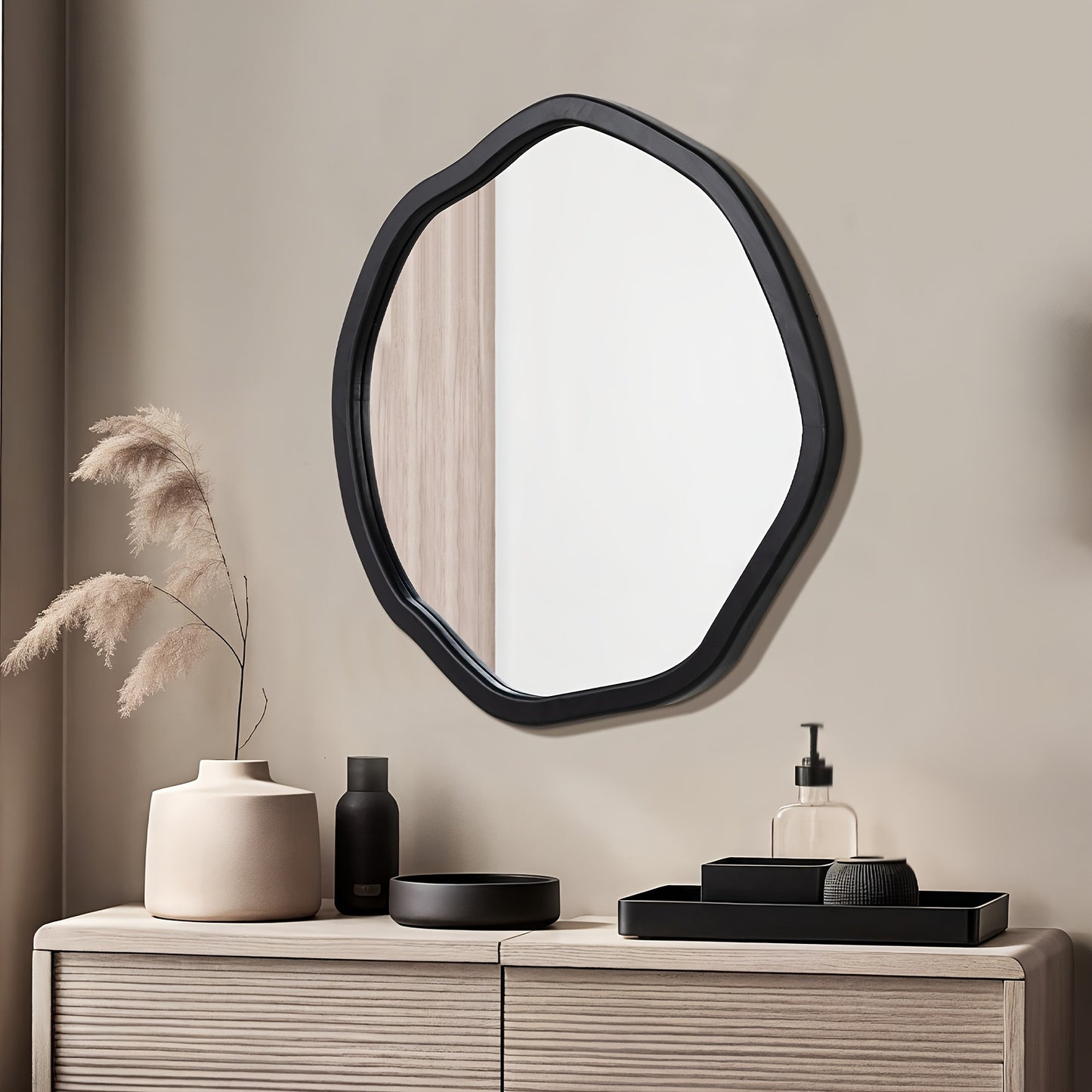 Round Asymmetrical Wood Framed Mirror (24")