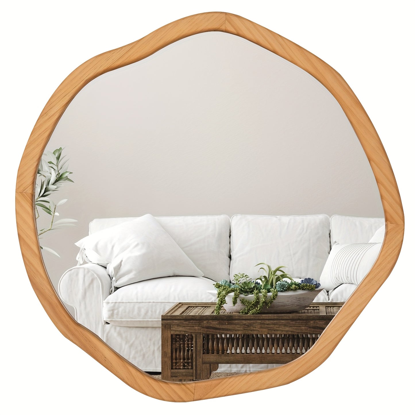 Round Asymmetrical Wood Framed Mirror (24")