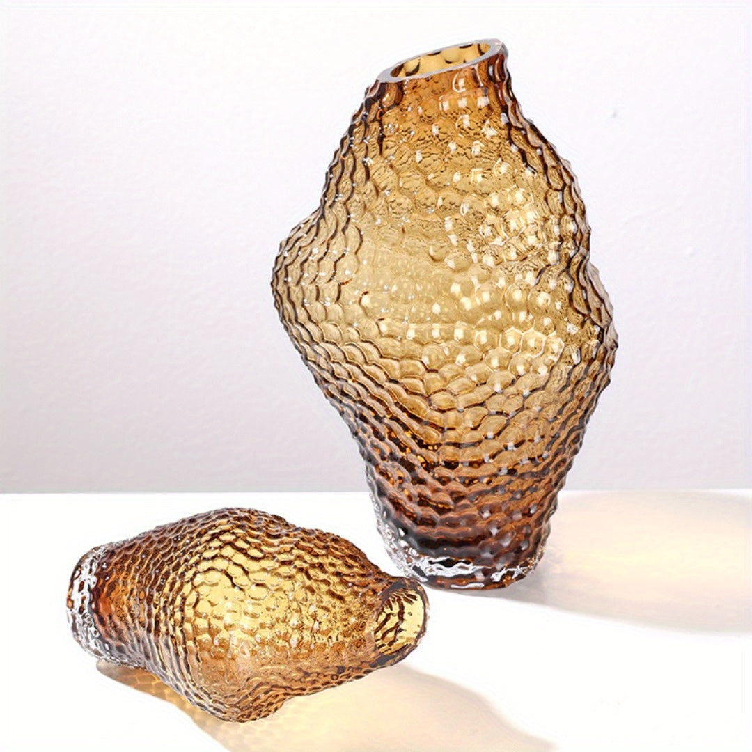 1pc Irregular Conch-Shaped Glass Vase with Textured Mesh Pattern