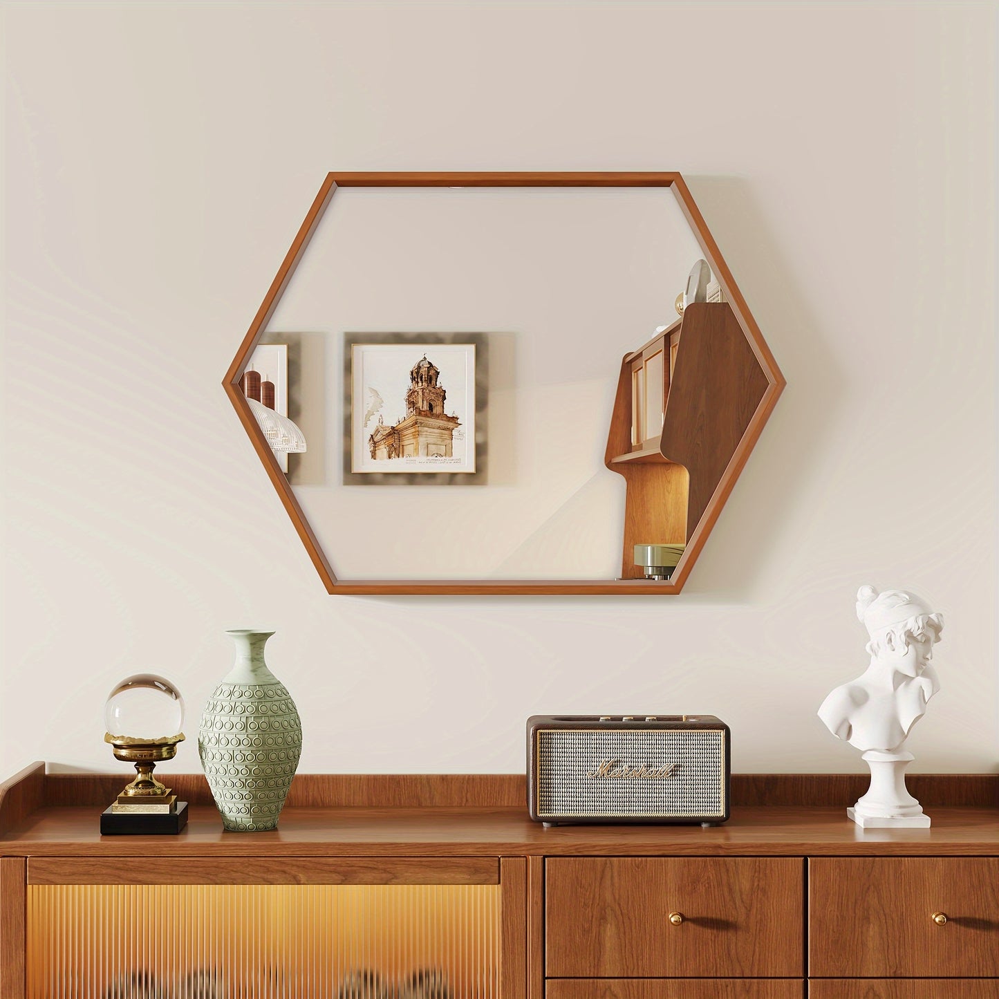 Hexagonal Solid Wood Wall Mirror