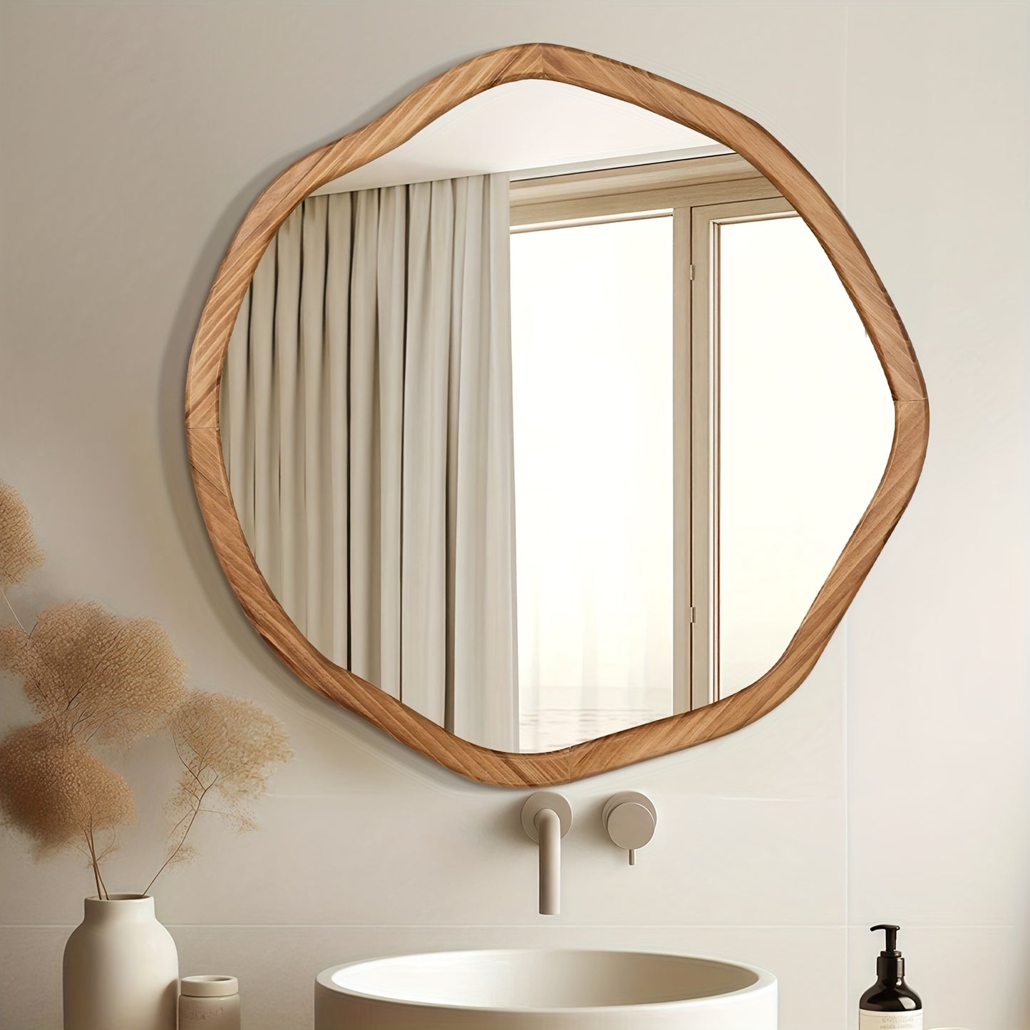 Round Asymmetrical Wood Framed Mirror (24")