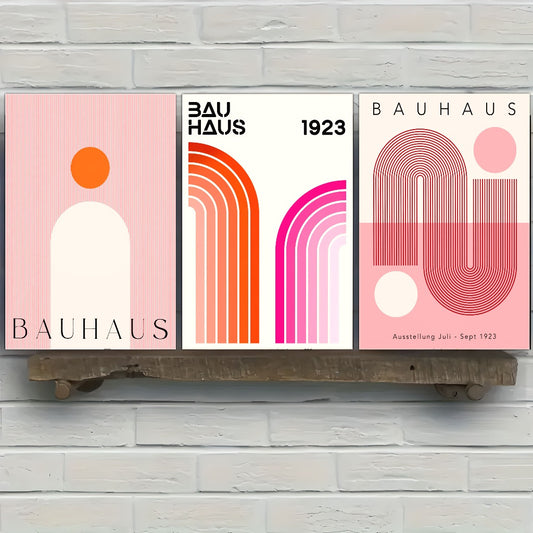 3pcs Modern Bauhaus 1919 Pink & Orange Framed Canvas Set