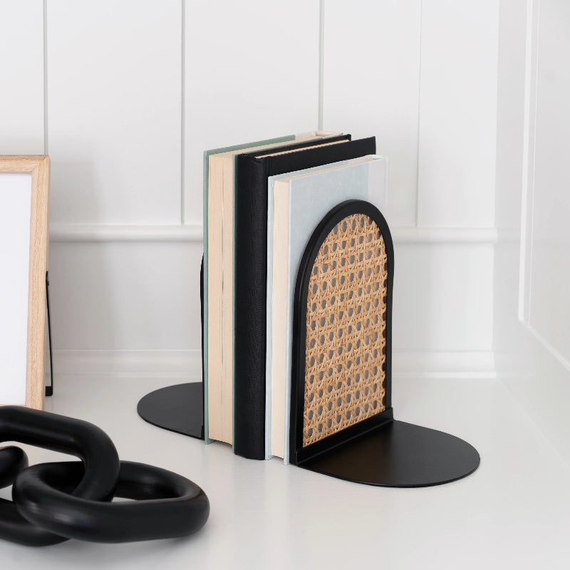 Arched Black Metal and Rattan Bookends